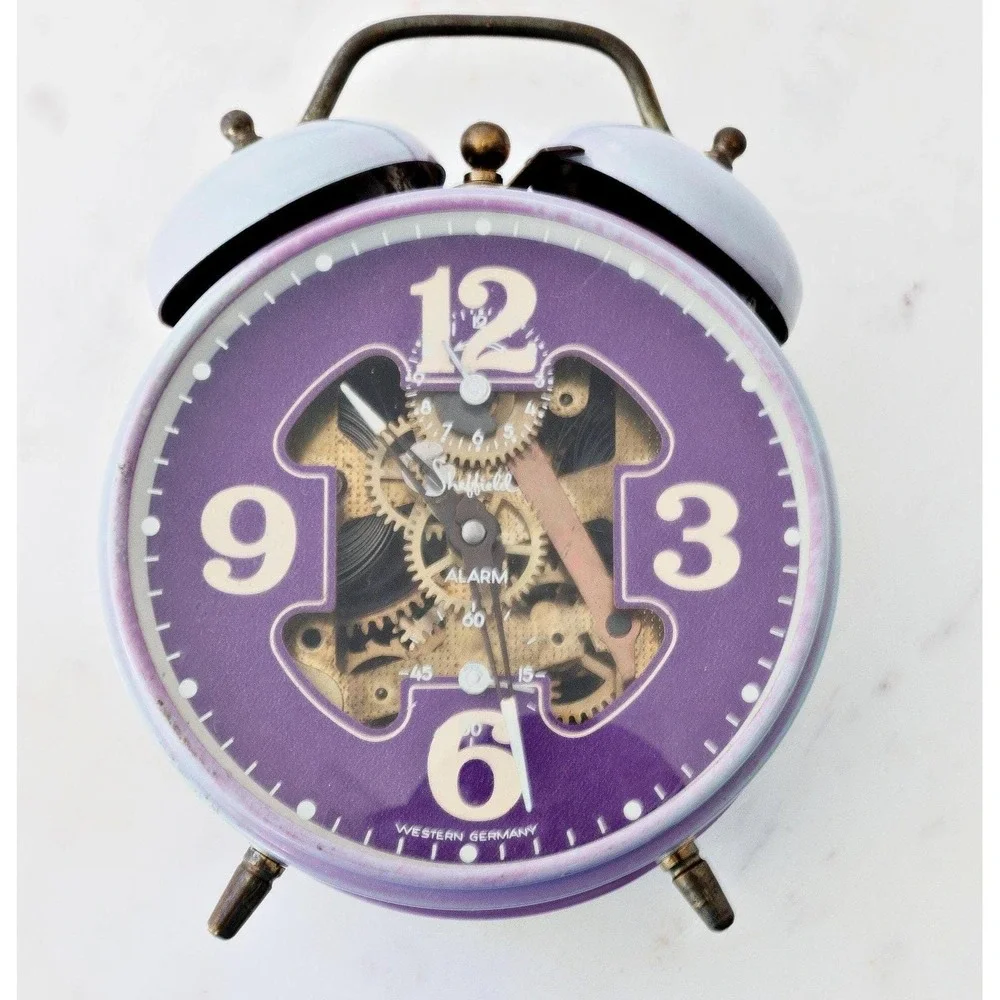 Vintage 1960s Sheffield Twin Bell Alarm Clock Purple Blue West Germany MCM Decor